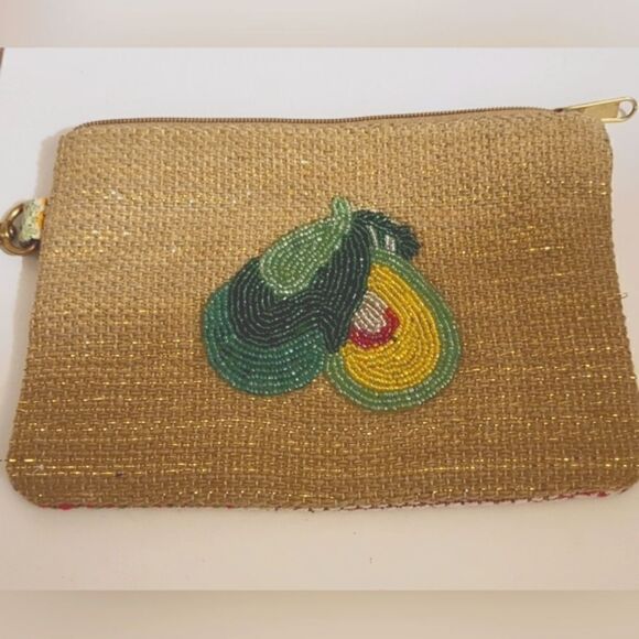 NEW America and Beyond Beaded "Avocado" Clip-on Cosmetic Bag/Pouch Groovy Lining - Picture 1 of 3